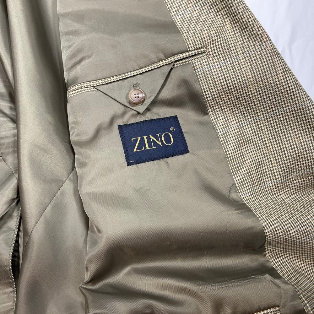 Zino Mens 44L Houndstooth Wool Blazer Sport Coat Jacket Beige Classic Fit - Picture 4 of 8